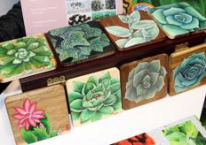 One of the Succulents Unlimited team members has painted the company's new varieties on wooden coasters: a creative promotion project!