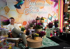 Gertjan Sosef of Ammerlaan Sosef in their colourful stand. The Chrysanthemum season has started again, and they like to play with colour, varieties and ideas.