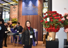 Daniela España of Florverde in front of the Elite booth, of which the farms are Florverde certified. From January big flower growers need to be FSI compliant.